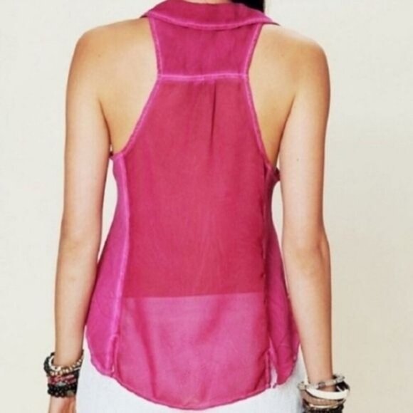 Free People ✦ Button-Down Top ✦ Rich Pink Sheer Seam Stripes Sleeveless Collared - Picture 5 of 9